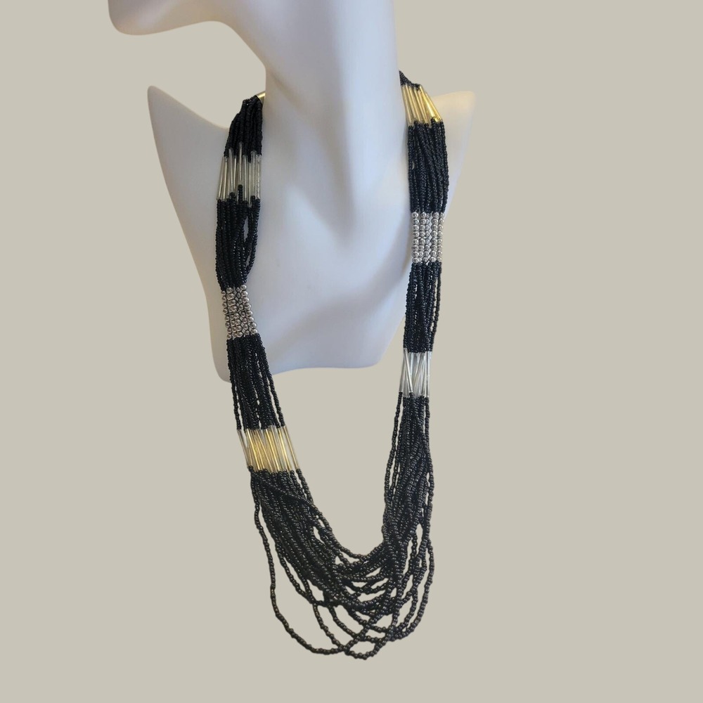 Multi Strand Seed Bead Necklace Vintage Boho Layered Statement Black
